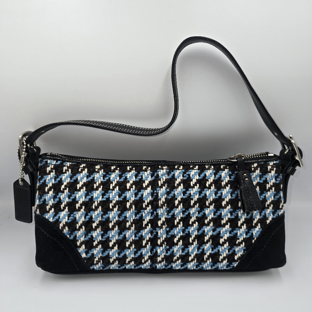 Vintage Coach F10202 Blue Black Tweed Wool & Suede Shoulder Bag Purse Bagette
